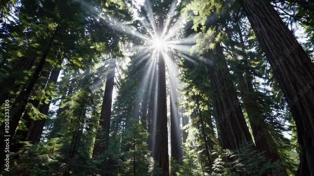 Poster sunlight filtering through tall forest trees with sunbeams, tranquil morning atmosphere. nature and 