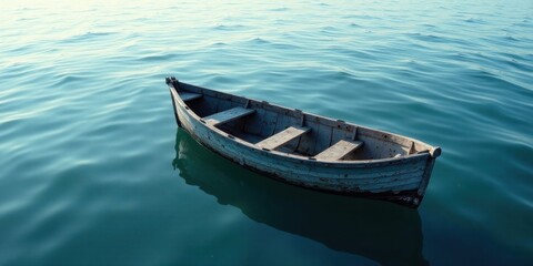 Obraz premium A weathered wooden rowboat drifts serenely on a calm, teal expanse of water, its aged surface reflecting the tranquil ambiance.