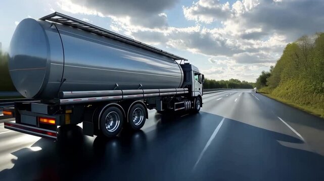 A silver tanker truck drives along a wet highway, transporting oil or other liquid cargo