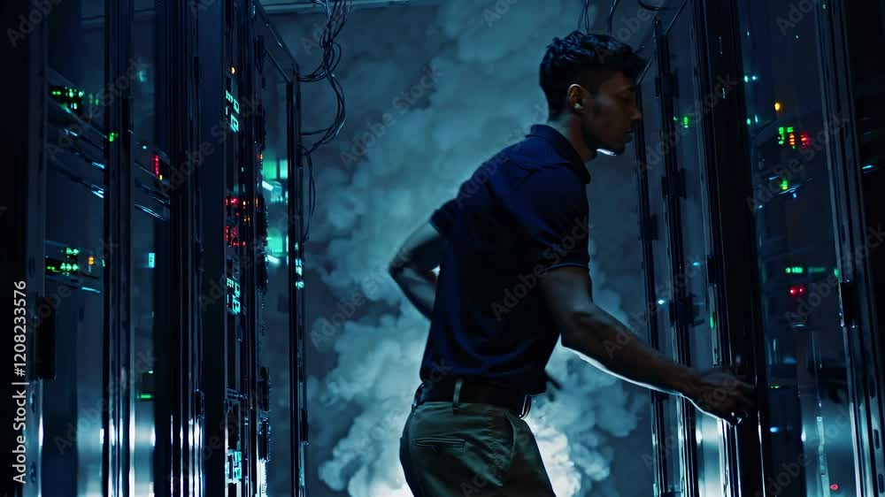 Poster it engineer walking in server room corridor checking server racks and network hardware panels, ensur