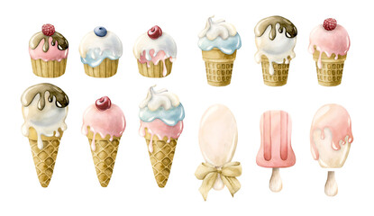 Cute cupcake and ice cream, popsicle set. Watercolor hand painted summer food illustration isolated on white background