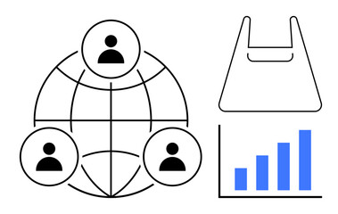 Three connected user icons on a globe, a shopping bag, and a bar chart. Ideal for global communication, e-commerce, marketing strategies, sales growth, business analytics, user engagement abstract