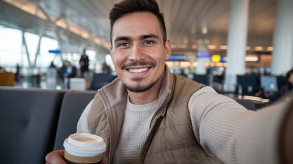 Young Hispanic man smiling at the airport with a coffee in hand, embodying a relaxed travel mood.