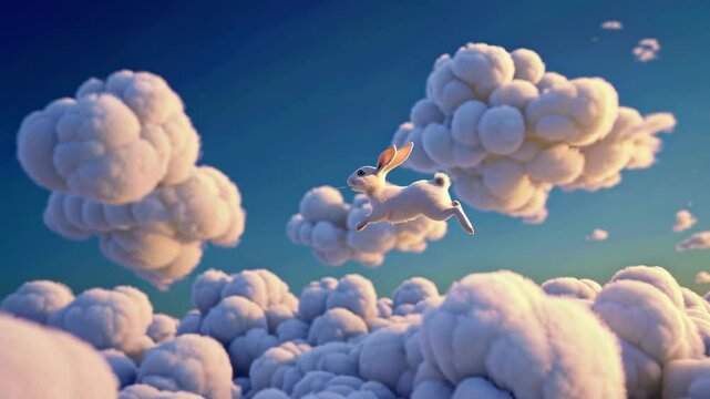 White rabbit running over a beautiful cloudscape at sunset, creating a dreamy and surreal atmosphere, perfect for fantasy or children's projects
