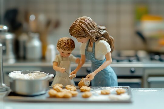 Mother and child figurines baking cookies together in a miniature kitchen setting.