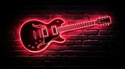 Neon electric guitar sign on brick wall. (1)