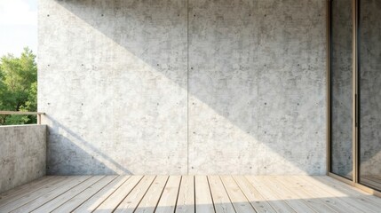 Fototapeta premium Serene Balcony with Exposed Concrete Wall and Wooden Deck, Bathed in Sunlight