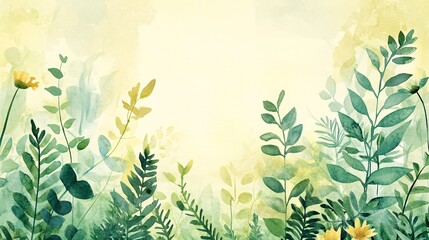 A serene watercolor illustration featuring lush green leaves and delicate flowers, creating a tranquil and vibrant natural scene.