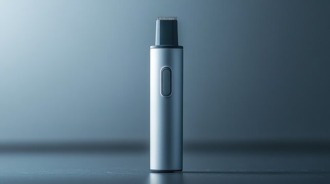 Silver vaporizer on table, studio shot, gray background, vaping device