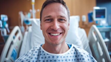 Obraz premium Smiling Caucasian man in a hospital gown, exuding positivity while sitting on a hospital bed, bright and cheerful mood.