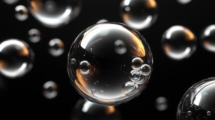 Abstract image of floating transparent spheres on black background.