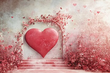 Pink floral arch with a big red heart welcomes you to a romantic valentine's day setting, with small red hearts floating gently in the air, creating a dreamy and affectionate atmosphere