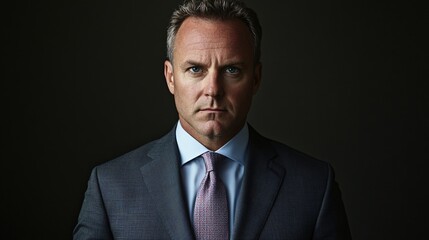 Serious middle-aged Caucasian businessman in a suit, presenting a confident expression in a dark setting.