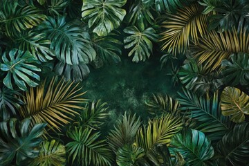 Monstera and palm leaves in a lush jungle foliage background, closeup