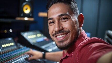 Smiling Hispanic male sound engineer taking a selfie in a modern recording studio, surrounded by audio equipment.