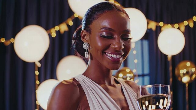 Elegant woman savors a glass of white wine at a sophisticated party, the warm, festive lighting creating a celebratory atmosphere as she appreciates the moment