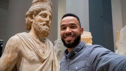 A smiling African American man poses for a selfie beside an ancient statue in a museum, showcasing a blend of modern and historic culture.