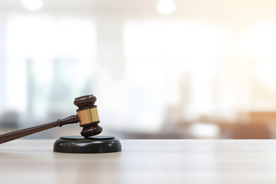 Gavel and scales of justice on a wooden table in a courtroom, with a blurred background and ample space for various concepts