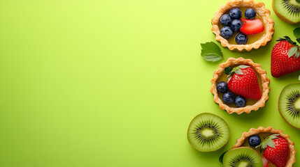 Fototapeta premium Sweet Tartlets with Berries and Kiwi: A delightful arrangement of mini fruit tarts, adorned with fresh strawberries, blueberries, and kiwi slices.