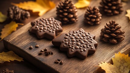 Chocolate star cookies and pine cones on wooden board