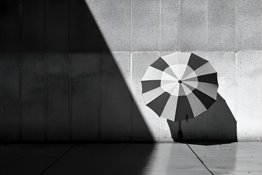 Fototapeta Umbrella's Shadow Play: A monochrome photograph showcasing a closed striped umbrella leaning against a wall, its shadow dramatically cast by sunlight, creating a striking contrast of light and shade.