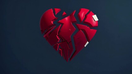 Bandages are keeping together a broken red heart, representing sadness, separation, and relationship difficulties, floating over a gradient background