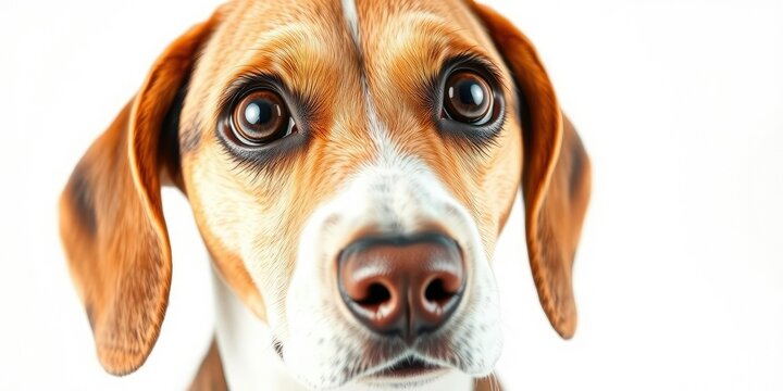 Beagle head close-up with large brown eyes on white background, canines, beagles
