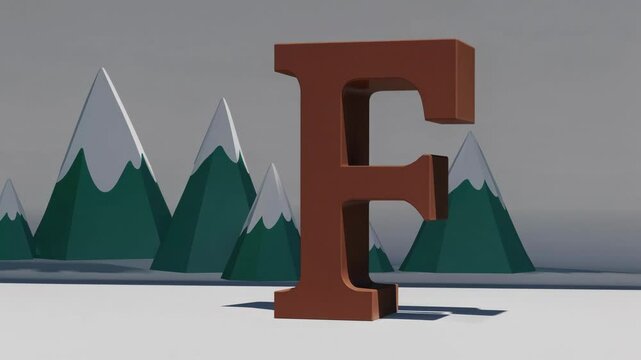Large, brown, serifed letter f prominently positioned against a light gray backdrop, showcasing stylized, snow-capped green mountains for striking visual contrast