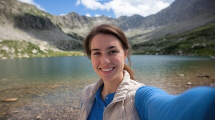 A young Caucasian woman smiles proudly in front of a picturesque mountain lake, surrounded by lush greenery and rocky terrain under a bright blue sky.