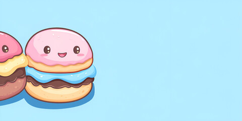 Kawaii Macarons: A pair of adorable, cartoon-style macarons with pink and blue icing, big eyes, and a cheerful smile. They stand out against a minimalist blue background.