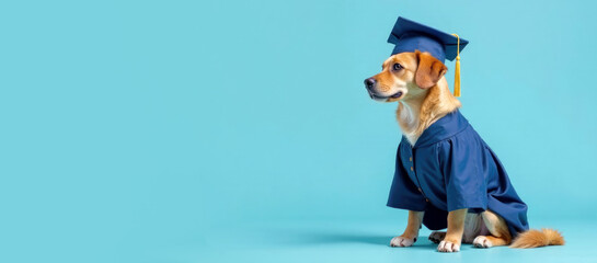 Animal in a graduate costume. Dog in a black graduation hat and mortar board isolated on a blue background. College or university graduation concept. Funny pet. Bunner, copy space