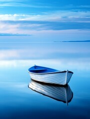 Naklejka premium Serene Boat on Calm Waters - A small boat floats serenely on a calm, blue lake under a tranquil sky, symbolizing peace, solitude, journey, reflection, and hope.