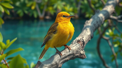 Beautiful yellow mangrove warbler perched on a mangrove tree, mangrove ecosystem, bayou, seaside
