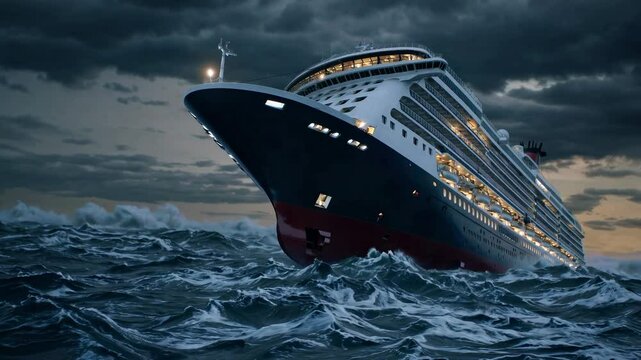 Large cruise ship sailing on rough seas during a storm at dusk, creating a dramatic and potentially dangerous scene, highlighting the power of nature and the vulnerability of even large vessels