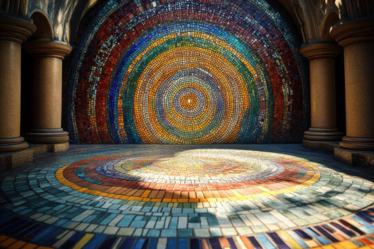 Vibrant mosaic of concentric circles symbolizing the multiplicity and divine presence of Jesus, showcasing unity, faith, and spiritual connection