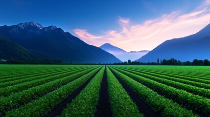 Serene Mountain Farmland - Lush green rows of crops stretch across a vast valley, framed by majestic mountains under a vibrant sunset sky.