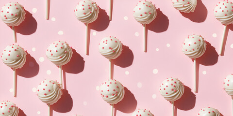 Pink Confetti Cake Pops: A delightful pattern of white cake pops with pink sprinkles, arranged on a pink background, creates a captivating and whimsical visual feast.