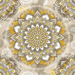 Raster Hand drawn zentangle floral beige, white and yellow colors. Seamless pattern ethnic mandalas, doodle background circles. Beige, white and yellow pattern.