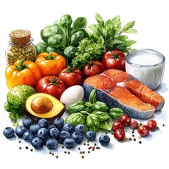 Watercolor Illustration of the Five Essential Food Groups