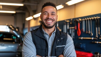 Smiling young Hispanic man in a workshop environment, showcasing confidence and professionalism in automotive repairs.