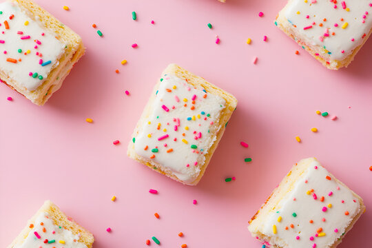 Sweet Treats on Pink: Colorful Sprinkles adorn mini cakes with white icing, arranged on a vibrant pink background. A delightful, sweet image perfect for blogs, websites, and social media. - Powered by Adobe