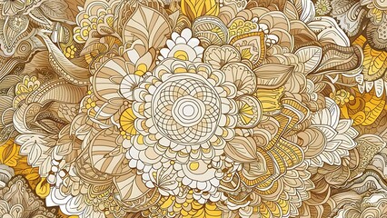 Raster Hand drawn zentangle floral beige, white and yellow colors. Seamless pattern ethnic mandalas, doodle background circles. Beige, white and yellow pattern.