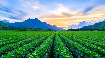 Fototapeta premium Serene Sunset Over Lush Farmland - Rows of vibrant green crops stretch across a vast field, set against a breathtaking sunset and majestic mountain backdrop.