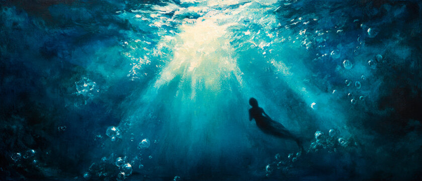 A painted underwater scene depicting a silhouetted figure floating towards sunbeams piercing through deep blue waters with swirling bubbles and light effects. Generative AI