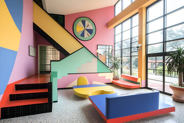 Memphis Design Interior: A vibrant and bold interior design showcasing the iconic Memphis style. Characterized by bright colors, geometric shapes, and playful patterns.