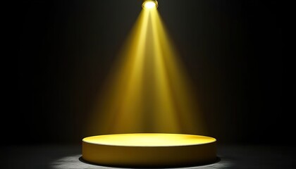 A yellow podium with spotlights shining down on it, set against a black background. 