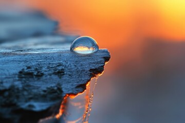 A single water droplet on a rock reflects a vibrant sunset, showcasing nature's beauty.