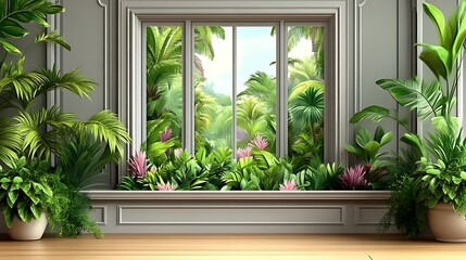 Indoor Tropical Garden View Through Window