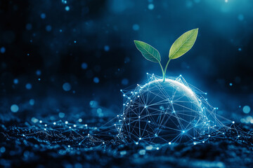 Futuristic Eco Innovation: Glowing Green Plant Representing Sustainability, Renewable Energy, and Environmental Harmony in a Digital Ecosystem