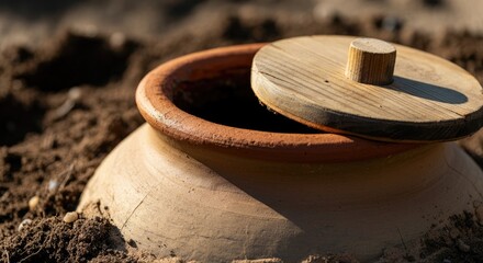 Clay pot partially buried in earth with wooden lid